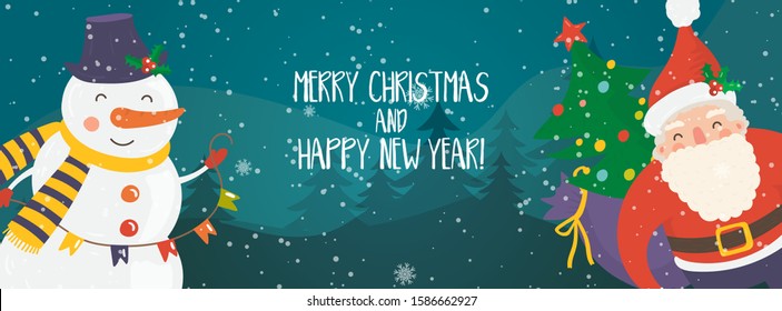 Cartoon illustration for holiday theme with happy Santa Claus and snowman on winter background with trees and snow. Banner for Merry Christmas and Happy New Year. Vector illustration.