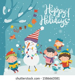 Cartoon illustration for holiday theme with happy snowman and children on winter background with trees and snow. Greeting card for Merry Christmas and Happy New Year.Vector illustration.