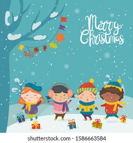 Cartoon illustration for holiday theme with happy children on winter background with trees and snow. Greeting card for Merry Christmas and Happy New Year.Vector illustration.