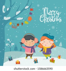 Cartoon illustration for holiday theme with happy children on winter background with trees and snow. Greeting card for Merry Christmas and Happy New Year.Vector illustration.