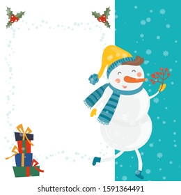 Cartoon illustration for holiday theme with happy snowman on winter background with trees and snow. Greeting card for Merry Christmas and Happy New Year. Vector illustration.