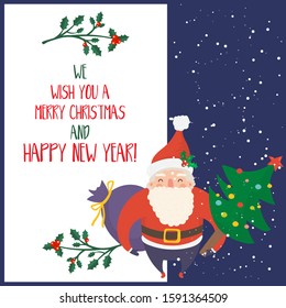 Cartoon illustration for holiday theme with happy Santa Claus on winter background with trees and snow. Greeting card for Merry Christmas and Happy New Year.Vector illustration.