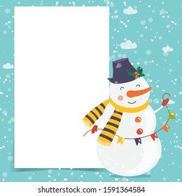 Cartoon illustration for holiday theme with happy snowman on winter background with trees and snow. Greeting card for Merry Christmas and Happy New Year. Vector illustration.