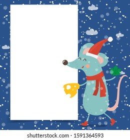 Cartoon illustration for holiday theme with happy rat,symbol of the year 2020, on winter background with trees and snow. Greeting card for Merry Christmas and Happy New Year.Vector illustration.