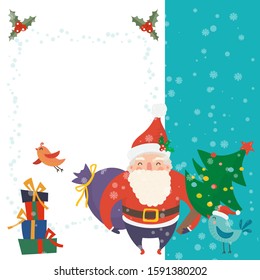 Cartoon illustration for holiday theme with happy Santa Claus on winter background with trees and snow. Greeting card for Merry Christmas and Happy New Year.Vector illustration.