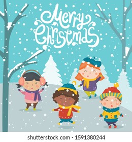 Cartoon illustration for holiday theme with happy children on winter background with trees and snow. Greeting card for Merry Christmas and Happy New Year.Vector illustration.