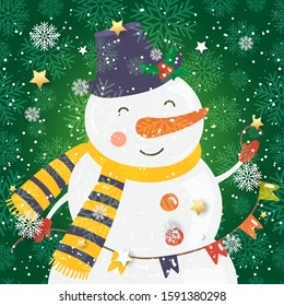 Cartoon illustration for holiday theme with happy snowman on winter background with trees and snow. Greeting card for Merry Christmas and Happy New Year. Vector illustration.