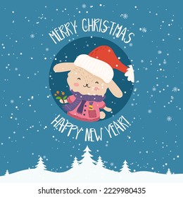 Cartoon illustration for holiday theme with happy bunny.Greeting card for Merry Christmas and Happy New Year. Art for children postcards, banners,clothes and web site.Vector illustration.