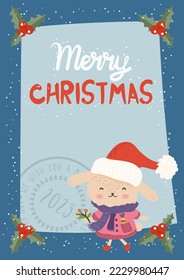 Cartoon illustration for holiday theme with happy bunny.Greeting card for Merry Christmas and Happy New Year. Art for children postcards, banners,clothes and web site.Vector illustration.