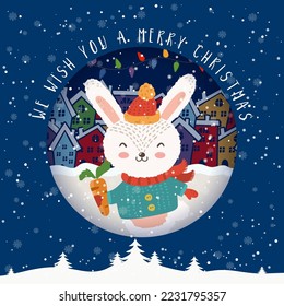 Cartoon illustration for holiday theme with happy bunny.Greeting card for Merry Christmas and Happy New Year.Vector illustration.