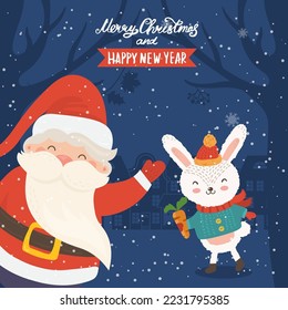 Cartoon illustration for holiday theme with happy Santa Claus and rabbit on winter background with trees and snow. Greeting card for Merry Christmas and Happy New Year.Vector illustration.
