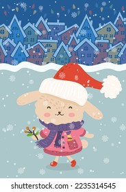 Cartoon illustration for holiday theme with happy bunny.Greeting card for Merry Christmas and Happy New Year. Art for children postcards, banners,clothes and web site.Vector illustration.