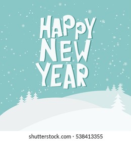 Cartoon illustration for holiday theme on winter background. Greeting card for Merry Christmas and Happy New Year. Vector illustration