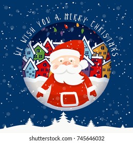 Cartoon illustration for holiday theme with Santa Claus on winter background. Greeting card for Merry Christmas and Happy New Year. Vector illustration