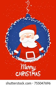 Cartoon illustration for holiday theme with Santa Claus on winter background. Greeting card for Merry Christmas and Happy New Year. Vector illustration