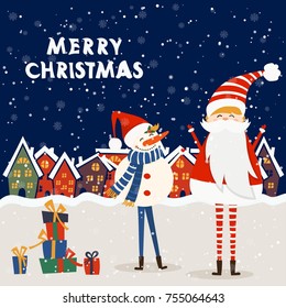 Cartoon illustration for holiday theme with santa claus and snowman on winter background. Greeting card for Merry Christmas and Happy New Year. Vector illustration