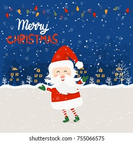 Cartoon illustration for holiday theme with Santa Claus on winter background. Greeting card for Merry Christmas and Happy New Year. Vector illustration