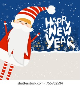 Cartoon illustration for holiday theme with Santa Claus on winter background. Greeting card for Merry Christmas and Happy New Year. Vector illustration