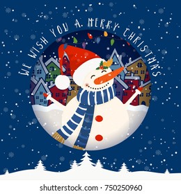 Cartoon illustration for holiday theme with snowman on winter background. Greeting card for Merry Christmas and Happy New Year. Vector