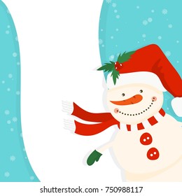 Cartoon illustration for holiday theme with snowman on winter background. Greeting card for Merry Christmas and Happy New Year. Vector illustration