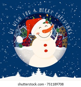 Cartoon illustration for holiday theme with snowman on winter background. Greeting card for Merry Christmas and Happy New Year. Vector illustration