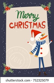 Cartoon illustration for holiday theme with snowman on winter background. Greeting card for Merry Christmas and Happy New Year. Vector 