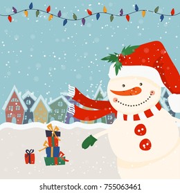 Cartoon illustration for holiday theme with snowman on winter background. Greeting card for Merry Christmas and Happy New Year. Vector illustration