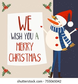 Cartoon illustration for holiday theme with snowman on winter background. Greeting card for Merry Christmas and Happy New Year. Vector illustration