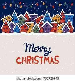 Cartoon illustration for holiday theme with sweet homes. Greeting card for Merry Christmas and Happy New Year. Vector