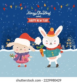 Cartoon illustration for holiday theme with  two happy funny rabbits on winter background with trees and snow. Greeting card for Merry Christmas and Happy New Year. Vector illustration.