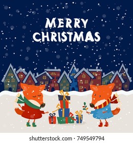 Cartoon illustration for holiday theme with two foxes on winter background. Greeting card for Merry Christmas and Happy New Year. Vector illustration