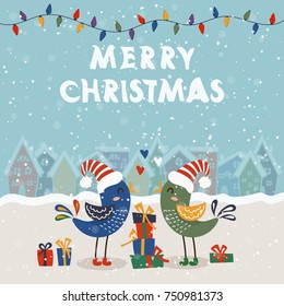 Cartoon Illustration For Holiday Theme With Two Birds On Winter Background. Greeting Card For Merry Christmas And Happy New Year. Vector Illustration