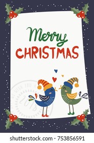 Cartoon illustration for holiday theme with two birds on winter background. Greeting card for Merry Christmas and Happy New Year. Vector illustration