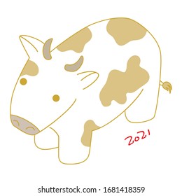 Cartoon illustration of Holstein cow figurine for New Year's card. (Gold version)