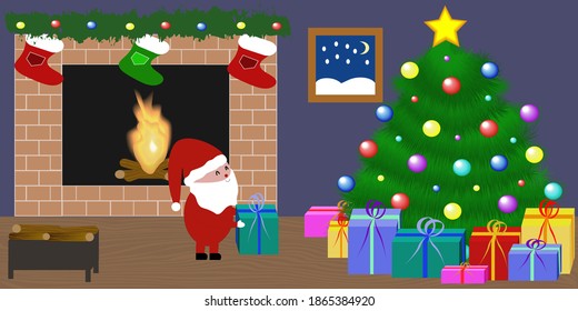 Cartoon illustration of a home Christmas room with Santa Claus in front of the fireplace. Background of a cozy interior, gifts under a decorated Christmas tree. Vector illustration.