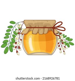 Cartoon illustration of honey jar and acacia flowers, vector image, isolated on white