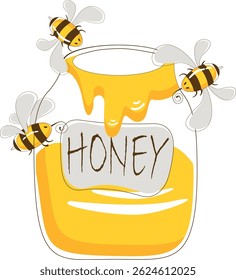 Cartoon Illustration of Honey Jar with Bees. Bees vector illustration.