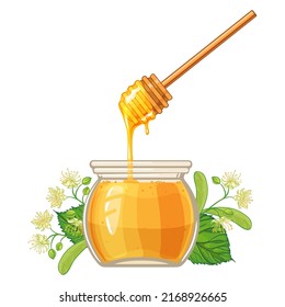 Cartoon illustration of honey jar, linden flowers and spoon, vector image, isolated on white
