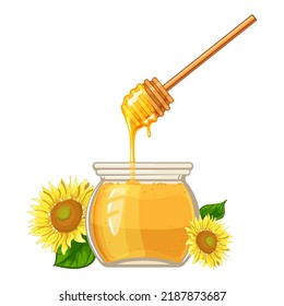 Cartoon illustration of honey jar, sunflowers and spoon, vector image, isolated on white