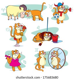 Cartoon Illustration of Horoscope Zodiac Signs with cat