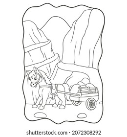 cartoon illustration a horse carrying a cart filled with stones through the road near the ravine book or page for kids black and white
