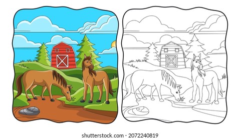 cartoon illustration The horse is eating grass in front of the stable book or page for kids