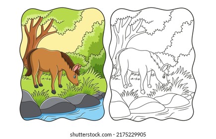 cartoon illustration a horse eating grass by the river under a big tree book or page for kids