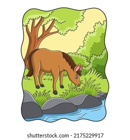 cartoon illustration a horse eating grass by the river under a big tree