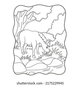 cartoon illustration a horse eating grass by the river under a big tree book or page for kids black and white