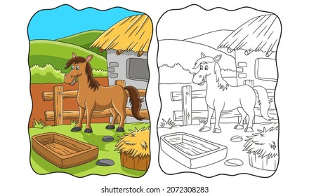 cartoon illustration a horse is on a farm on the edge of a hill book or page for kids
