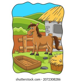 cartoon illustration a horse is on a farm on the edge of a hill
