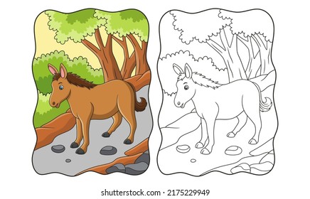 cartoon illustration a horse that is walking looking for food in the middle of the forest book or page for kids