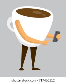 Cartoon illustration of hot coffee using a mobile phone