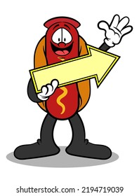 Cartoon illustration of Hot dog mascot wearing hat and holding a signboard to directing the customer, best for sticker, logo, and mascot with fast food restaurant themes